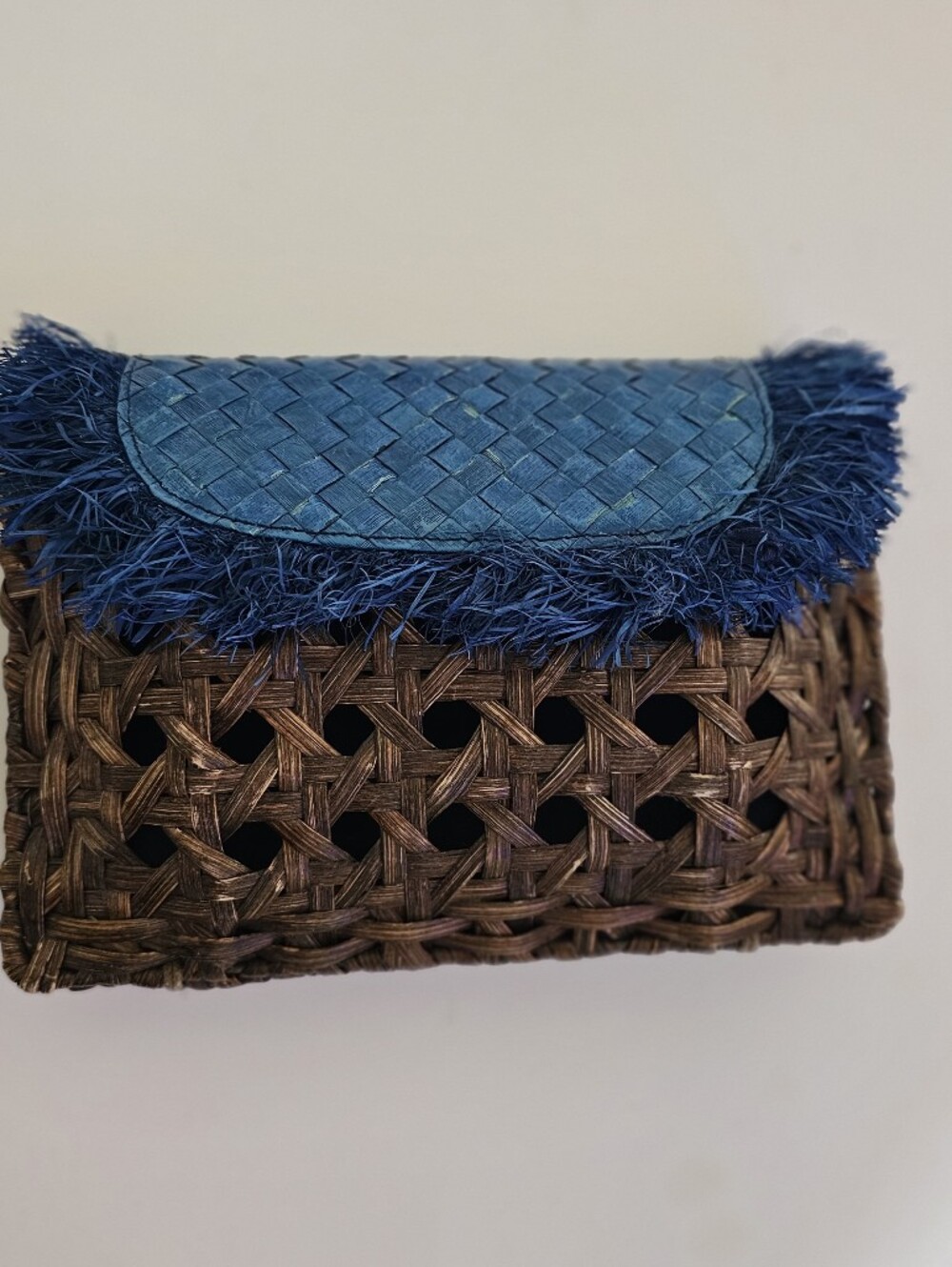 Vincent Pradier Anthropolgie Clutch Handwoven Brown Rattan Blue Fringe Accent
